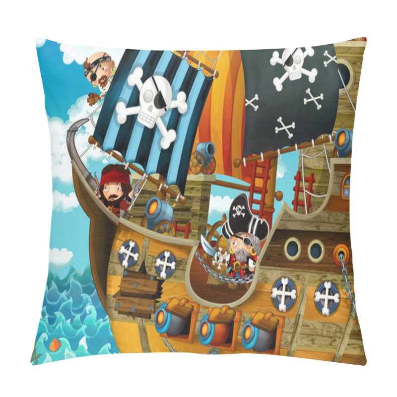 Personality  Cartoon Scene With Pirate Ship Sailing Through The Seas With Scary Pirates - Illustration For Children Pillow Covers