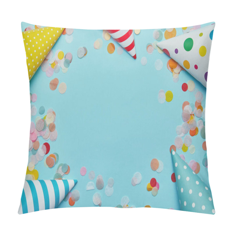 Personality  Top View Of Party Hats And Confetti On Blue Background Pillow Covers