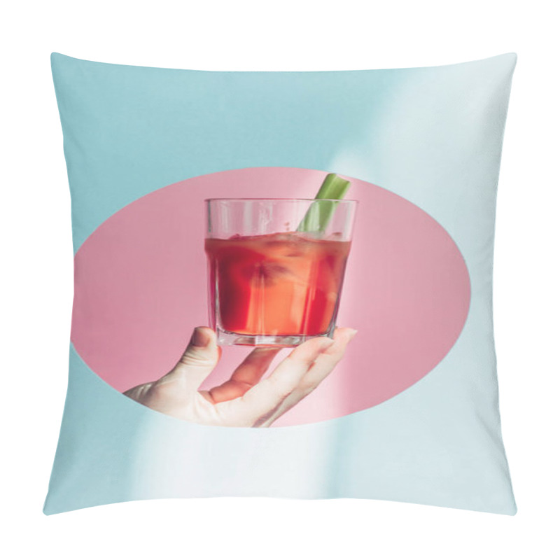 Personality  Cropped View Of Woman Holding Bloody Mary With Celery In Pink Circle On Blue Background In Sunlight Pillow Covers