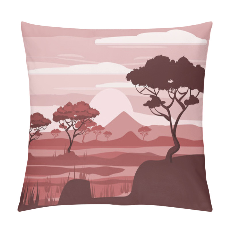 Personality  African Landscape, Lion, Savannah, Sunset, Vector, Illustration, Cartoon Style, Isolated Pillow Covers