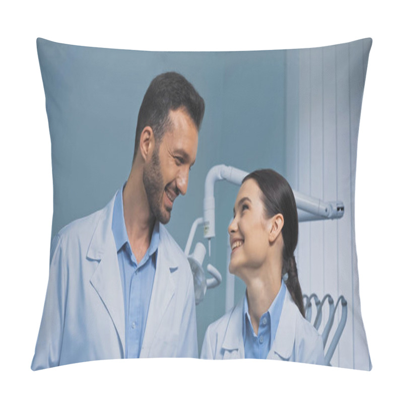 Personality  Happy Dentists In White Coats Looking At Each Other In Clinic Pillow Covers