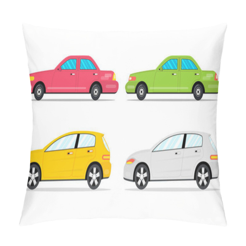 Personality  Four Cars Side View. Flat Cartoon Style. Vector Illustration. Pillow Covers