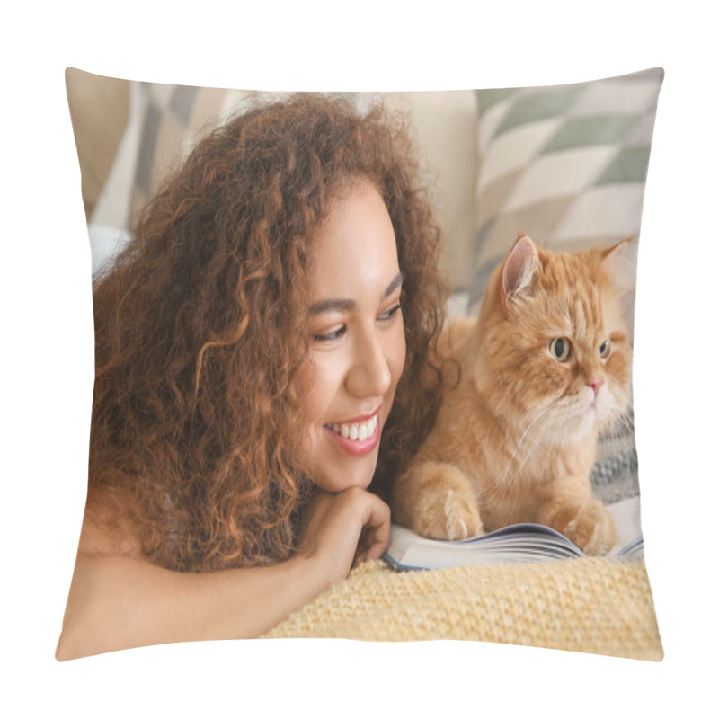 Personality  Young African-American Woman With Cute Cat Reading Book At Home Pillow Covers