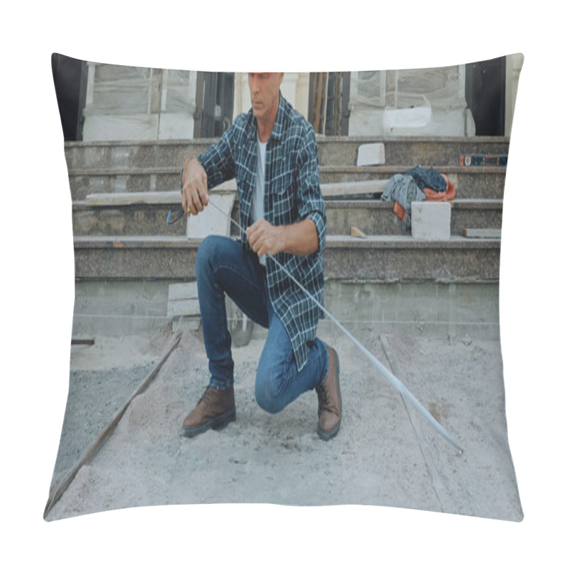 Personality  Mature Builder Measuring Ground With Industrial Measuring Tape On Construction Site Pillow Covers