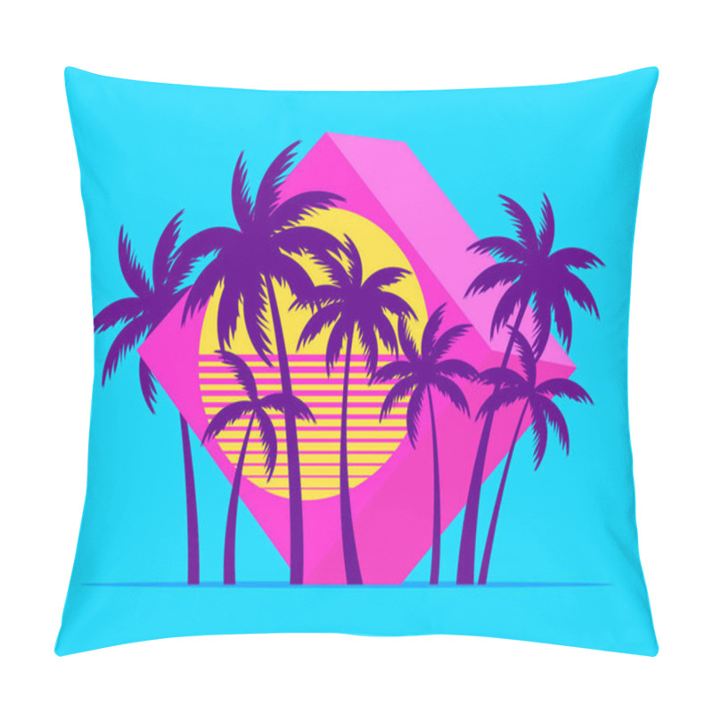 Personality  3d Cube With Palm Trees At Sunset In The Style Of The 80s. Futuristic Advertising Banner With Palm Trees In Virtual Reality, Metaverse. Synthwave And Retrowave Style. Vector Illustration Pillow Covers