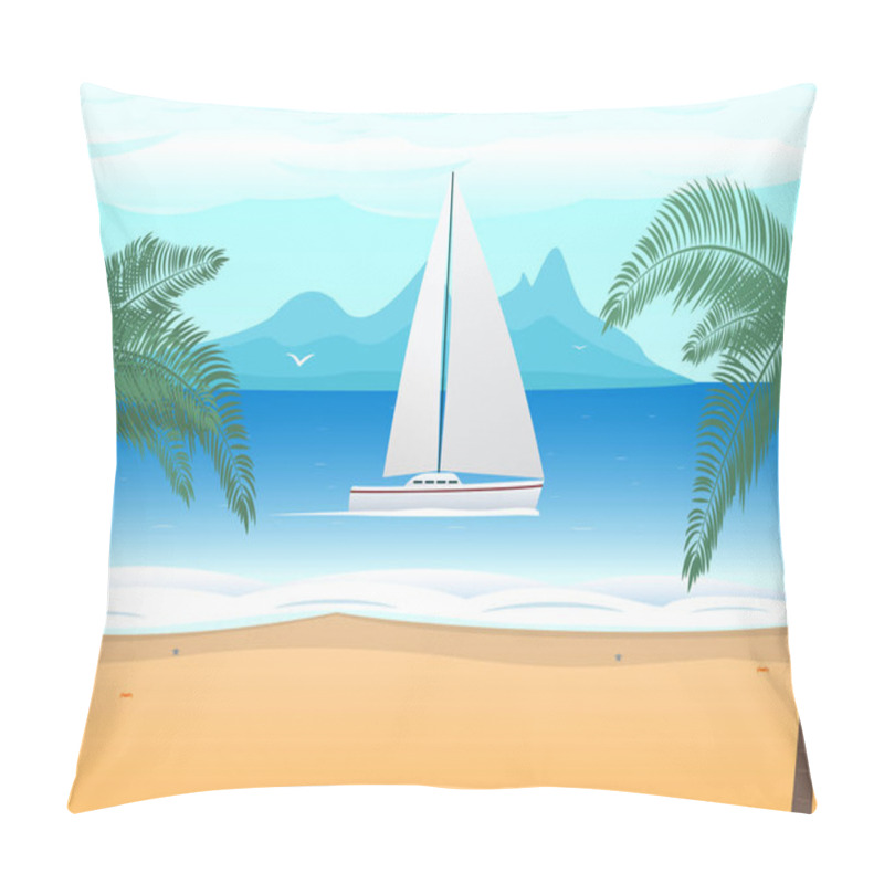 Personality  Vector Beach Palm Tree Boat With Sails On Ocean Pillow Covers