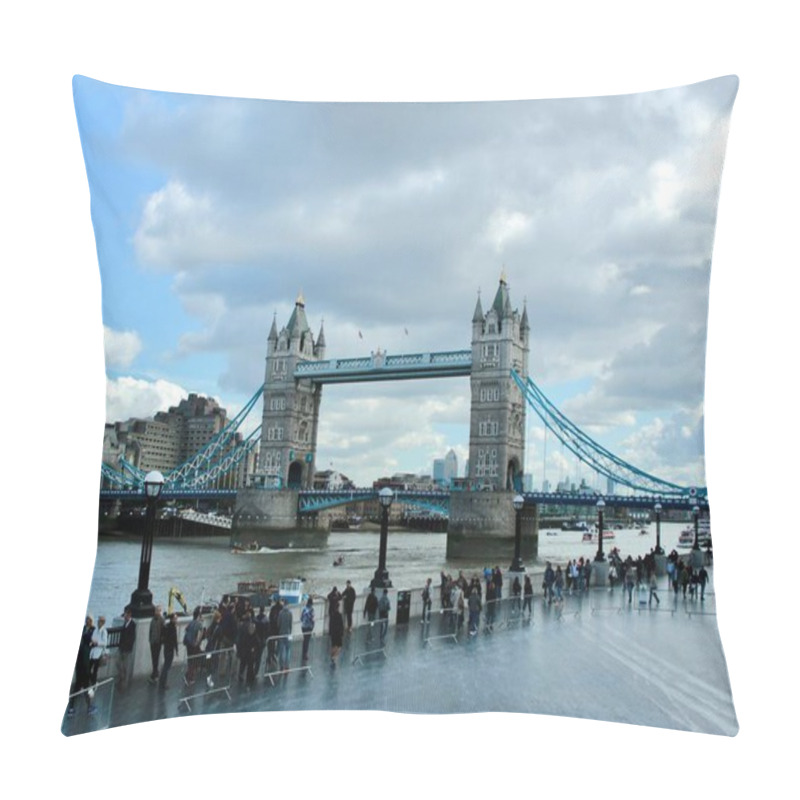 Personality  London, UK - September 9 2017: Tower Bridge With Tourists Taking Pictures And Unique Perspective Under Dramatic London Skies. High Quality Photo Pillow Covers