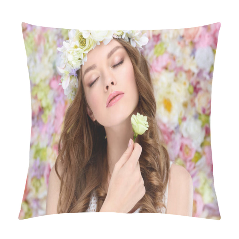 Personality  Sensual Young Woman In Floral Wreath With Blossoming Rose Bud Pillow Covers