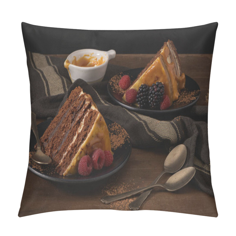 Personality  Delicious Caramel Cake Slices With Blackberries And Raspberries. Pillow Covers