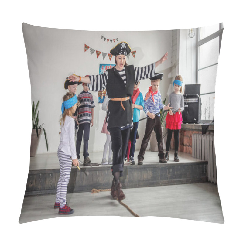 Personality  RUSSIA, YAROSLAVL - 17 FEB. 2018: Happy Group Of Children At A Birthday Celebration Dressed In The Style Of Pirates With An Animator, Contests And Bubbles Play Games In A Large Room With Loft Style Pillow Covers