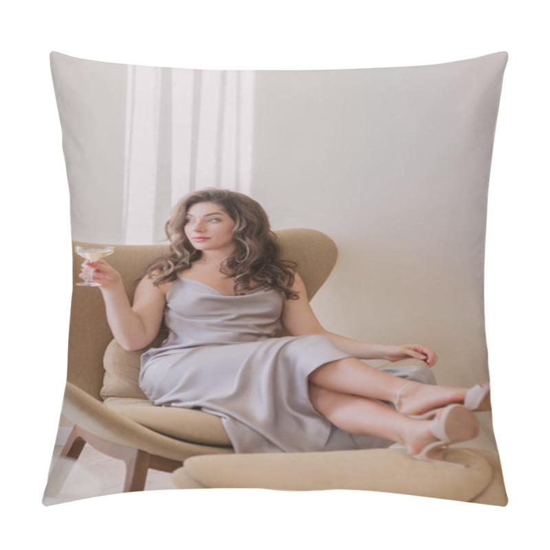 Personality  Stylish Young Woman Drinking Champagne In Cozy Armchair Pillow Covers