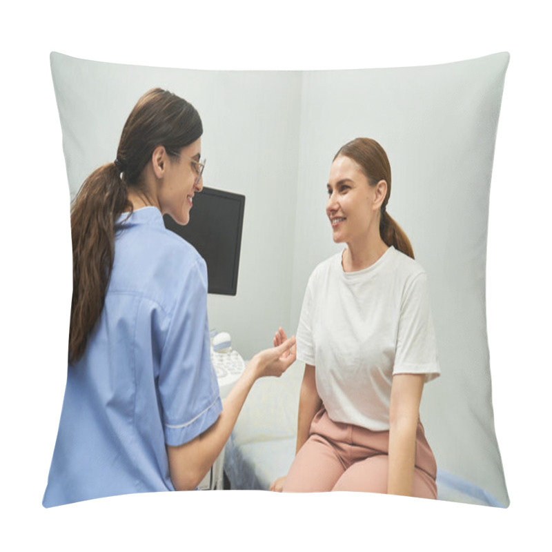 Personality  A Gynecologist Discusses Health Concerns With A Patient In A Contemporary Medical Clinic. Pillow Covers