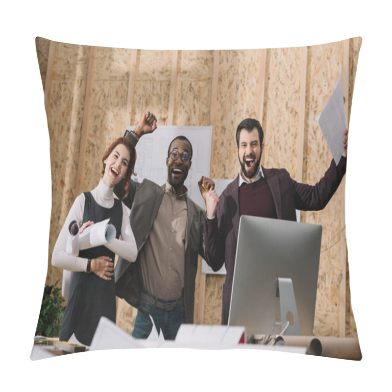 Personality  Multiethnic Celebrative Team Of Architects With Papers At Modern Office Pillow Covers