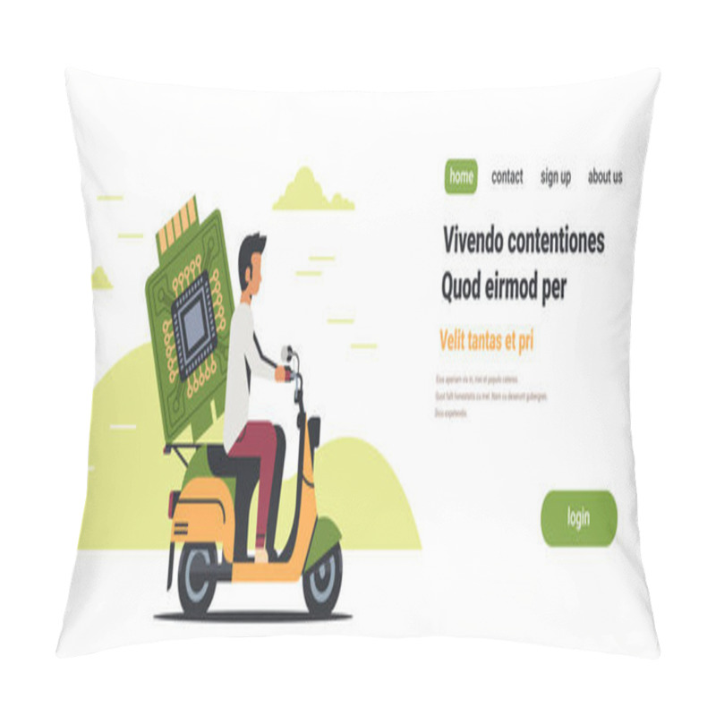 Personality  Man Courier Riding Scooter With Computer Processor Microchip Circuit Board CPU Concept Isolated Flat Horizontal Copy Space Pillow Covers