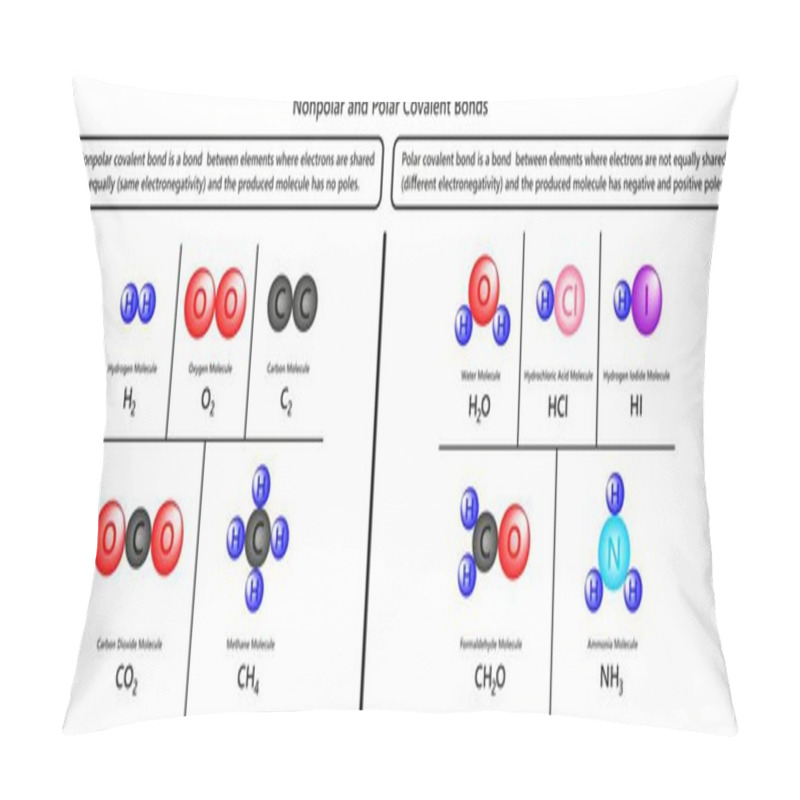 Personality  Nonpolar And Polar Covalent Bonds Infographic Diagram With Examples Of Hydrogen Oxygen Carbon Dioxide Methane Water Formaldehyde And Ammonia Molecules For Chemistry Science Education Pillow Covers