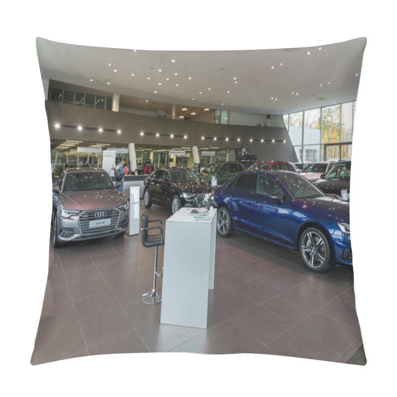 Personality  Minsk, Belarus - Jan 05, 2022: Audi Car Dealership With Premium Data In The Foreground. Pillow Covers