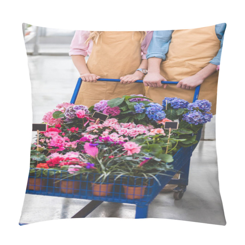 Personality  Close-up View Of Gardeners Pushing Cart With Flowers In Greenhouse Pillow Covers