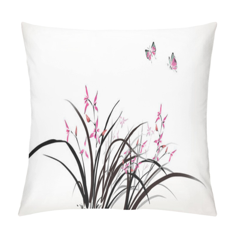 Personality  Chinese Painting Of Orchid And Butterfly In Ink Style Pillow Covers