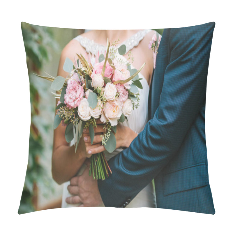 Personality  Beautiful Bride In A White Dress Holding Bouquet From Spring Flowers And Her Groom Embraces Her. Wedding Bouquet. Moment Of Love. Pillow Covers