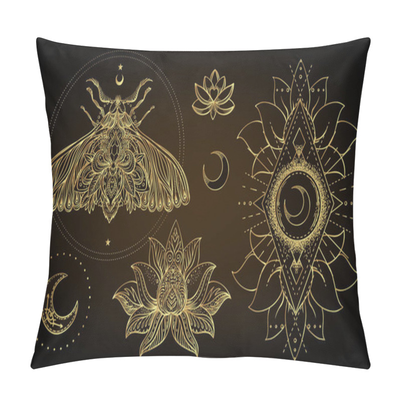 Personality  Vector Ornamental Lotus Flower, Ethnic Art, Patterned Indian Paisley. Hand Drawn Illustration Isolated. Invitation. . Gold Gradient Over Black. Pillow Covers