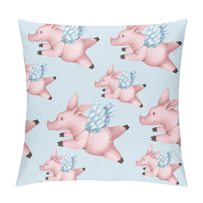 Personality  Seamless Pattern With Pigs With Wings. Piggy Angel Flying In The Sky On A Blue Pillow Covers