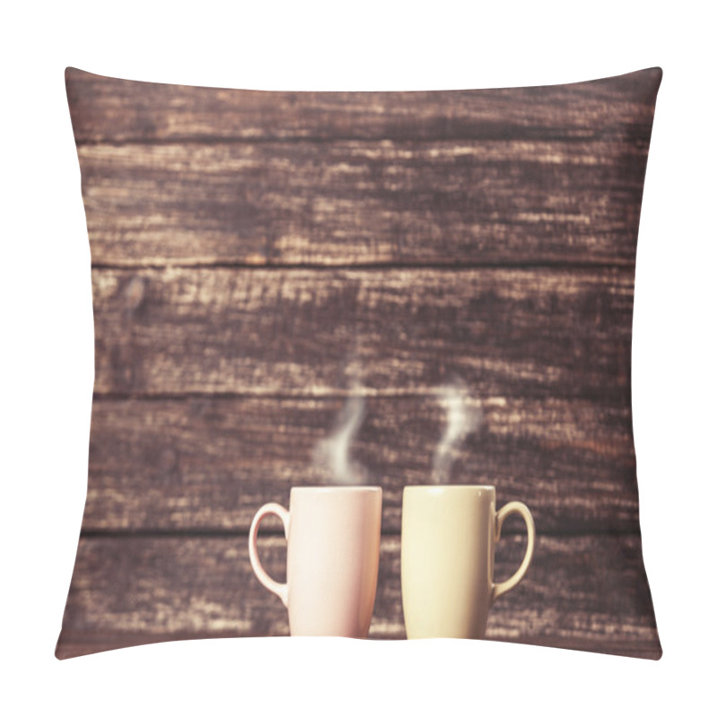 Personality  Two Cups Of Coffee On Wooden Table. Pillow Covers