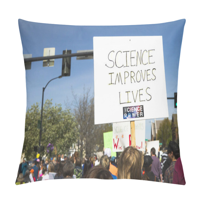 Personality  BOISE, IDAHO/USA - APRIL 22 2107: Person Holding A Sign Stating That Science Saves Lives During The Boise March For Science Pillow Covers