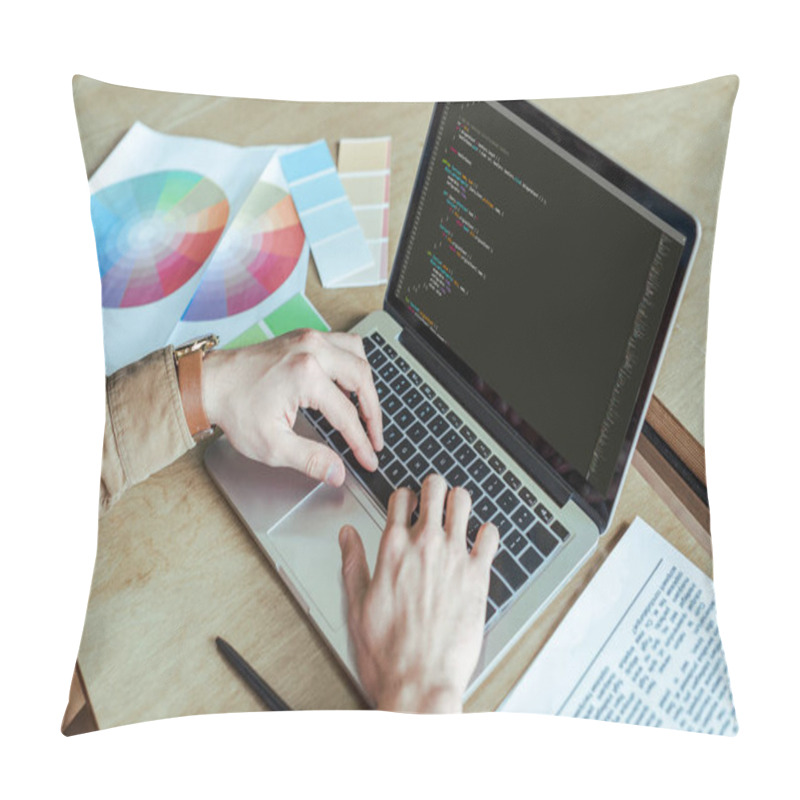 Personality  Cropped View Of Developer Working With Laptop Near Newspaper, Pen And Papers At Table In Coworking Space Pillow Covers