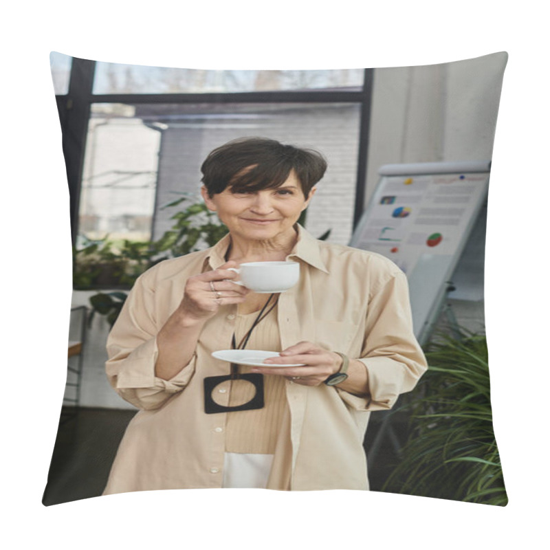 Personality  A Woman Holds A Coffee Cup And Looking At Camera. Pillow Covers