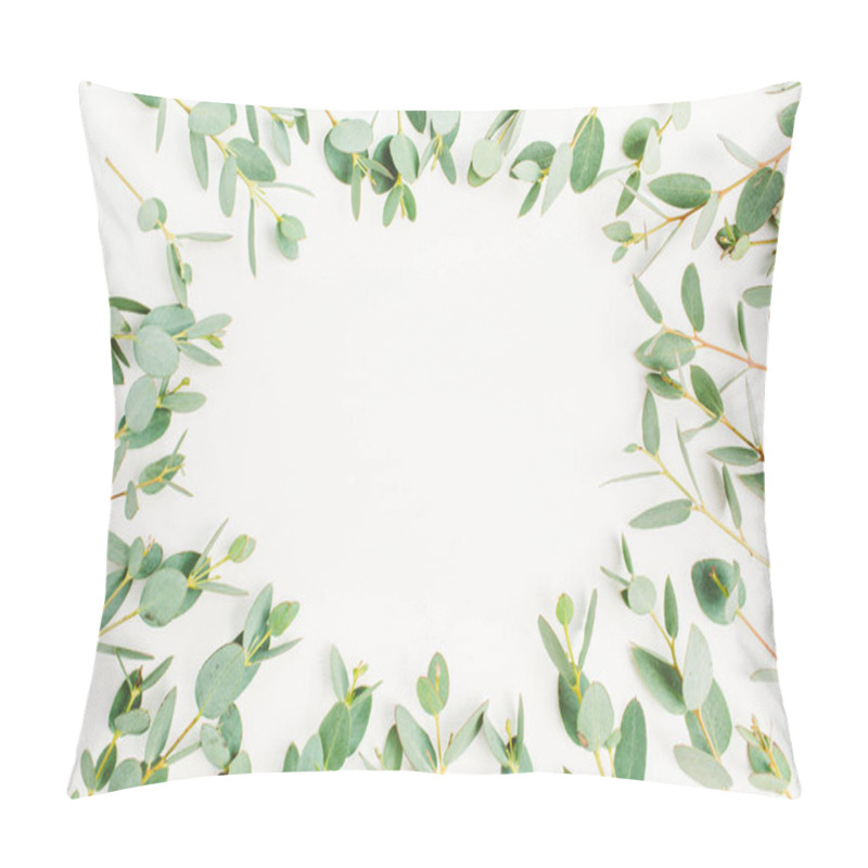 Personality  Frame Of Eucalyptus Branches Pattern With Space For Text On White Background. Flat Lay, Top View Hero Header Concept. Pillow Covers