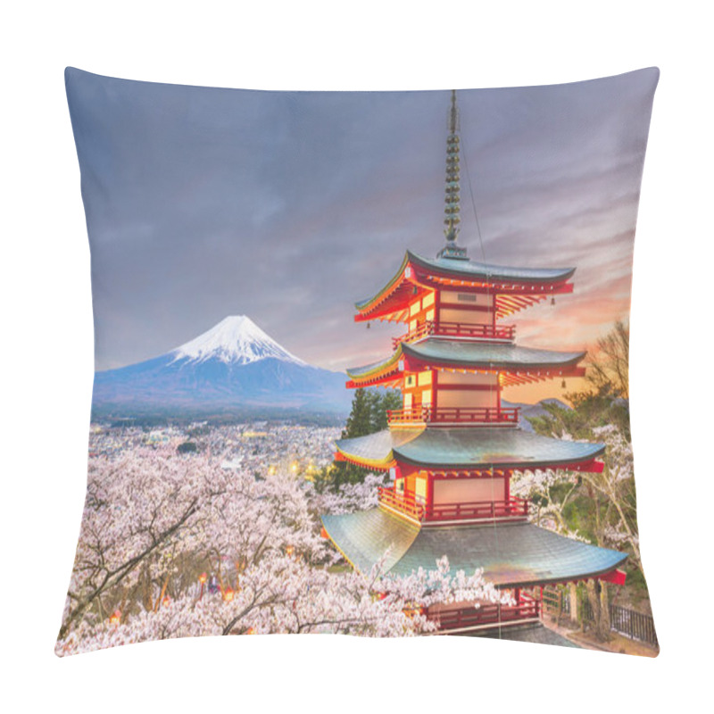 Personality  Fujiyoshida, Japan View Of Mt. Fuji And Pagoda In Spring Season With Cherry Blossoms At Dusk.  Pillow Covers