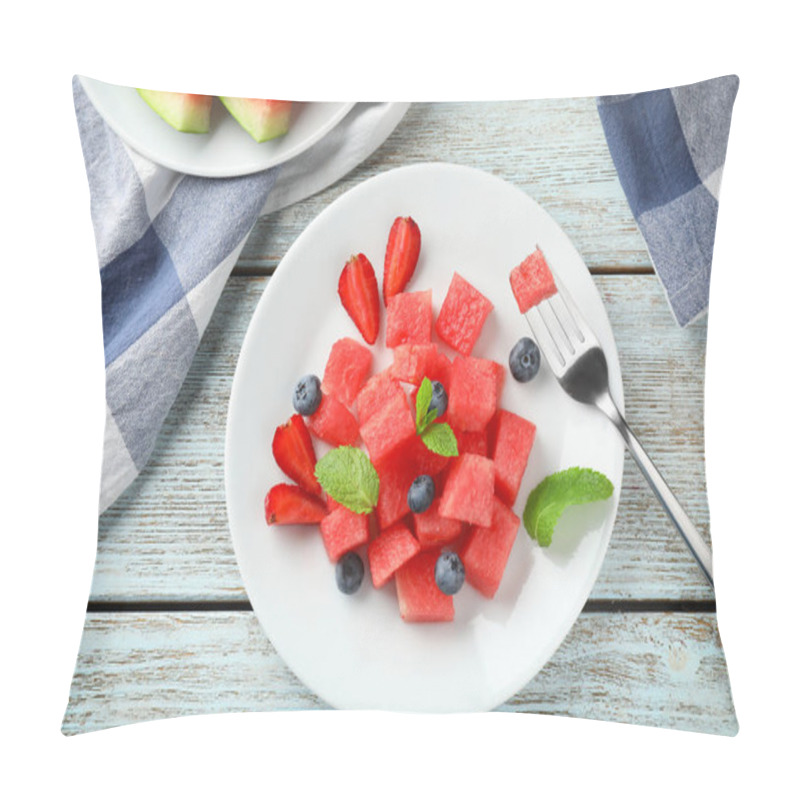 Personality  Plate With Sweet Watermelon Slices And Blueberries On Wooden Table Pillow Covers