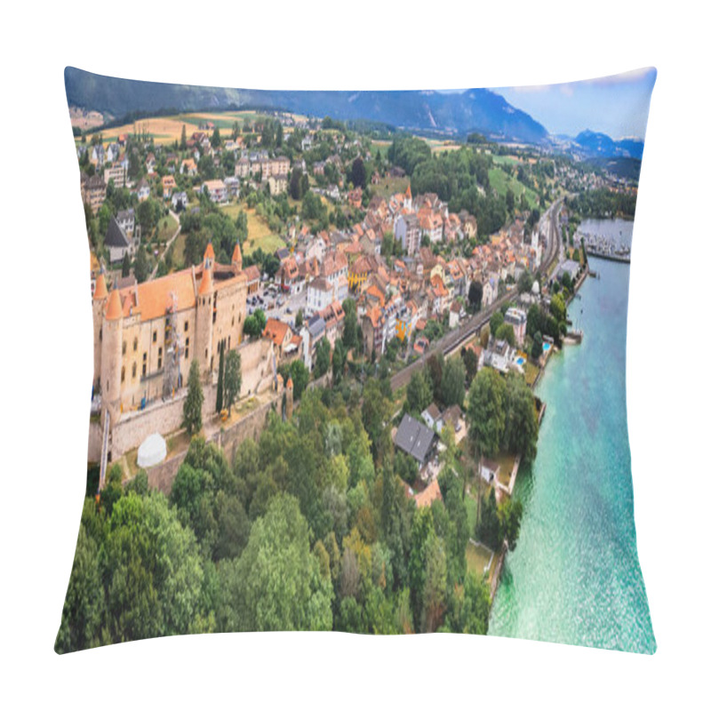 Personality  Switzerland Travel And Landmarks. Lake Neuchatel, Aerial Drone View Of Grandson Historic Town And Medieval Castle. Canton Vaud Pillow Covers