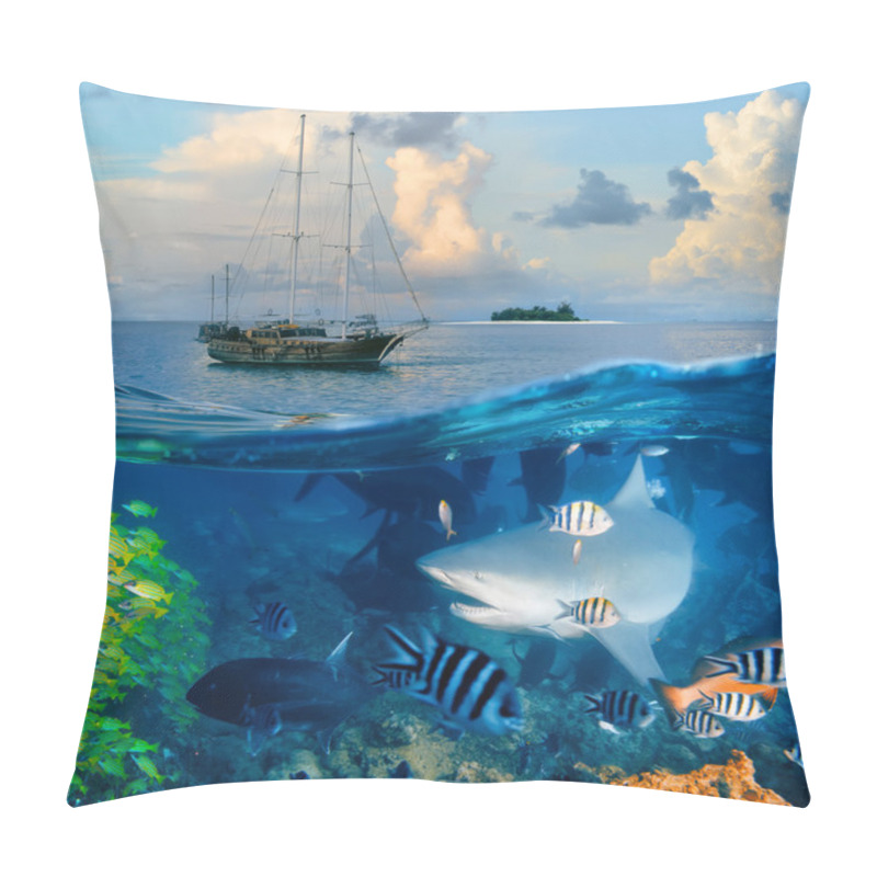 Personality  Ocean Seascape With Wooden Yacht And Big Bull Shark Pillow Covers