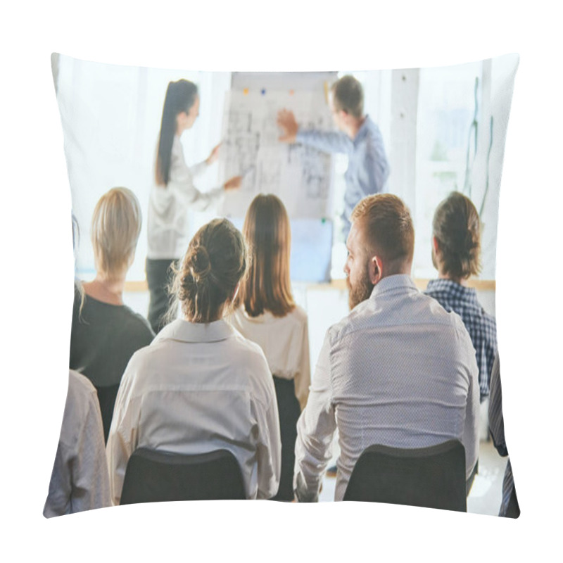 Personality  Business And Entrepreneurship Symposium. Speakers Giving Talk At Business Meeting. Rear View Of Unrecognized Participant In Audience. Training, Planning, Learning, Coaching, Business Concept Pillow Covers