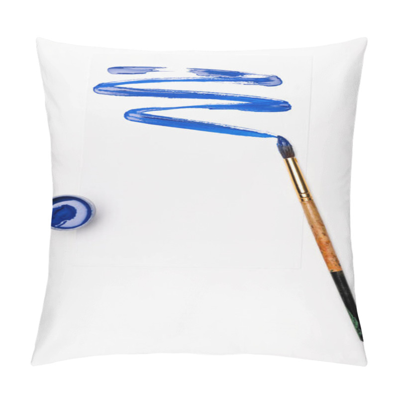 Personality  Top View Of Blue Paint Brushstroke And Paintbrush On White Background Pillow Covers