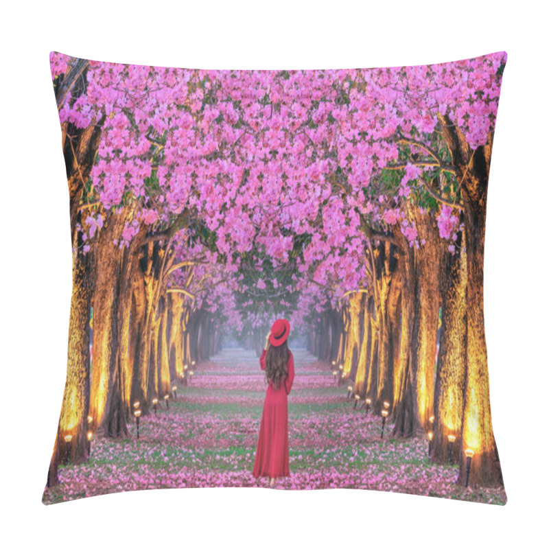 Personality  Young Woman Walking In Rows Of Beautiful Pink Flowers Trees. Pillow Covers