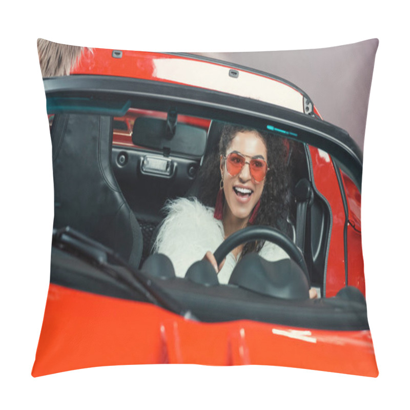 Personality  Happy Stylish Young African American Woman In Fur Coat Driving Luxury Luxury Car Pillow Covers