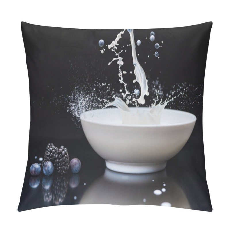 Personality  Fresh Berries Splashing In White Bowl With Milk On Black Background Pillow Covers