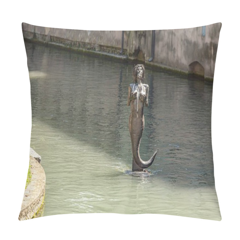 Personality  Treviso, Italy 1 January 2025: Bronze Mermaid Statue Half-submerged In Cagnan Grande Canal In Treviso, A Charming City In Italy Pillow Covers