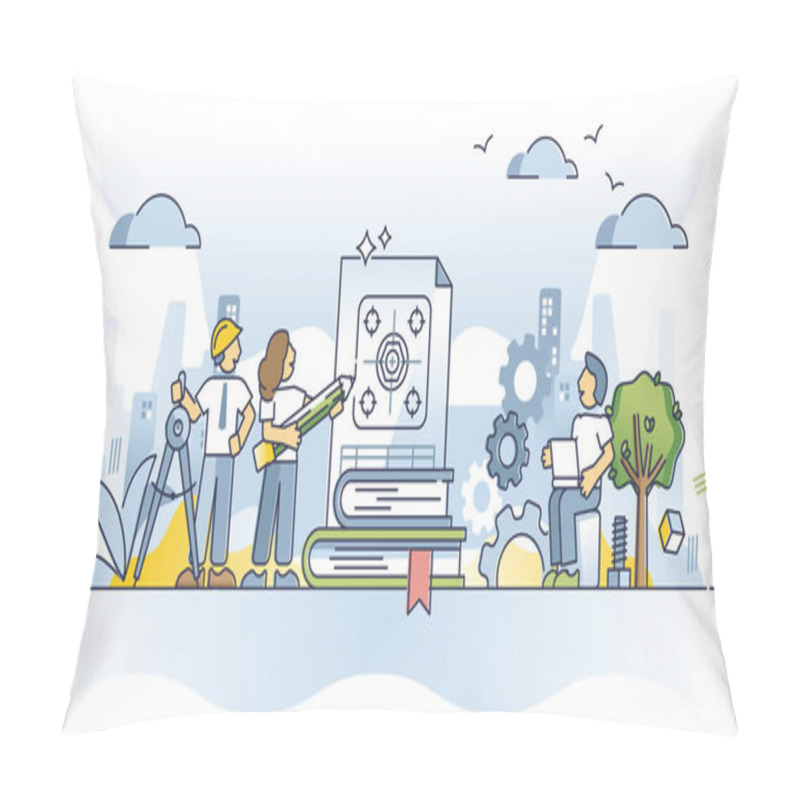 Personality  Engineering Profession And Work With Building Materials Outline Concept. Learning Mechanical, Civil Or Technical Engineer Occupation Vector Illustration. Project With Blueprint Measurements Knowledge. Pillow Covers