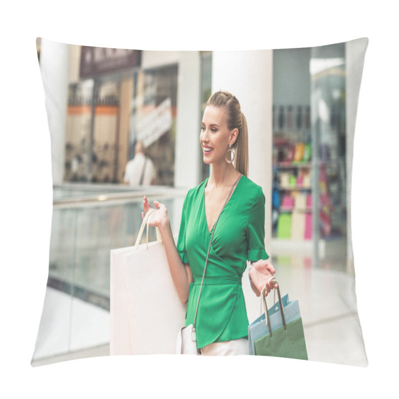 Personality  Beautiful Smiling Blonde Girl Holding Paper Bags And Looking Away In Shopping Mall Pillow Covers