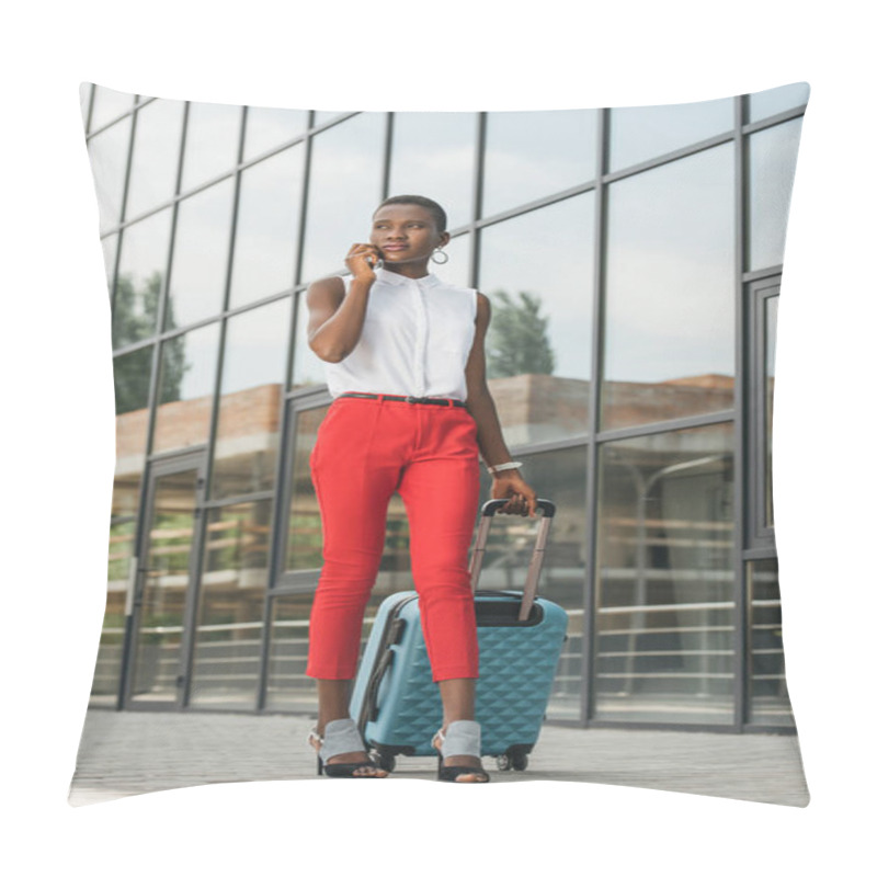 Personality  Stylish Attractive African American Businesswoman Talking By Smartphone And Walking With Luggage Near Business Center Pillow Covers