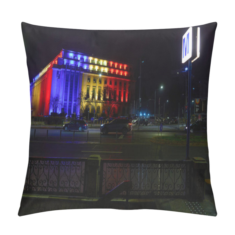 Personality  Bucharest, Romania. 1st Dec, 2024: Victoria Palace, The Seat Of The Romanian Government, Is Illuminated In The Colors Of The Romanian Flag On The Occasion Of Romania's National Day. Pillow Covers