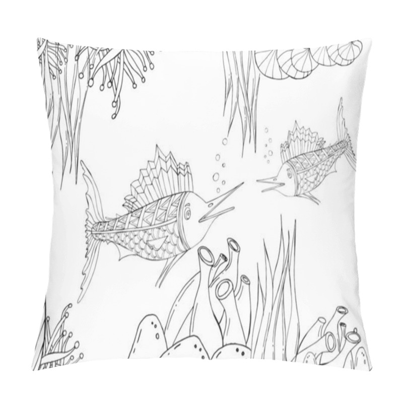 Personality  Marlin Fish. Vector Illustration Of Sea Animals. Oloring Book. Beautiful Drawings With Patterns And Small Details. For Anti-stress And Children S Coloring, Emblems Or Tattoos. Pillow Covers