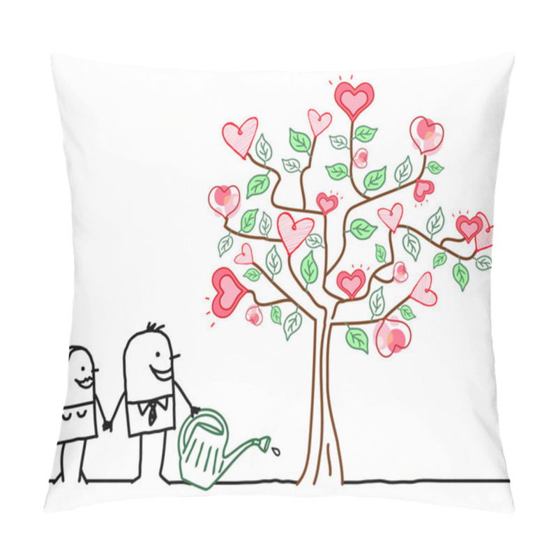 Personality  Hand Drawn Cartoon Woman And Man Watering A Big Tree With Pink Hearts Pillow Covers