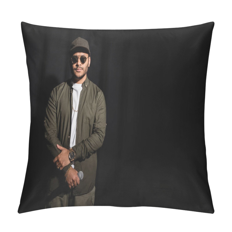 Personality  Eastern Hip Hop Performer In Sunglasses Holding Microphone On Black Pillow Covers