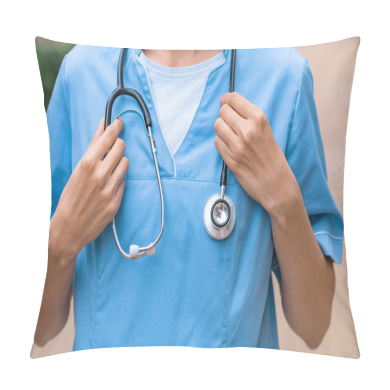 Personality  Cropped Image Of Medical Student Holding Stethoscope On Neck Pillow Covers