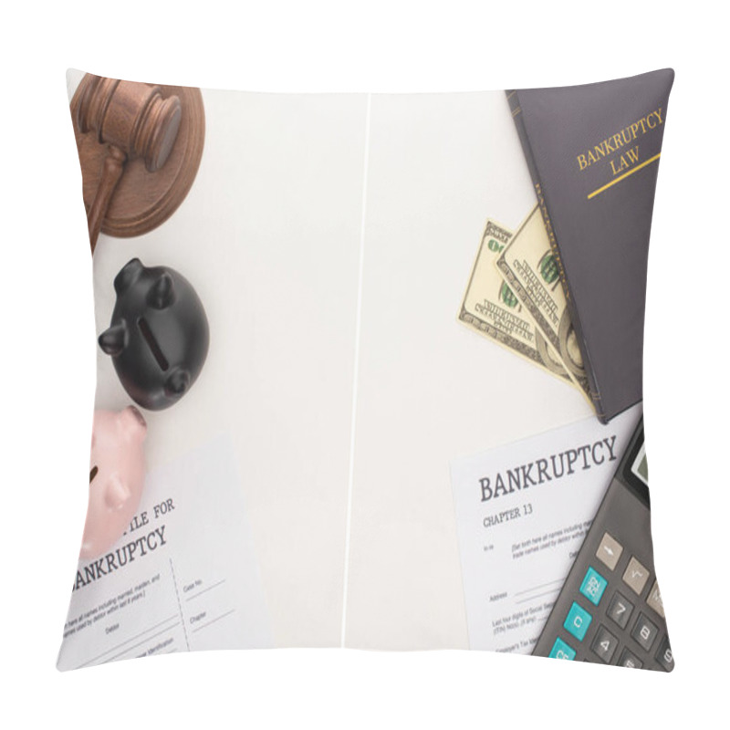 Personality  Top View Of Bankruptcy Papers And Law Book, Gavel, Piggy Banks, Money And Calculator On White Background, Collage Pillow Covers