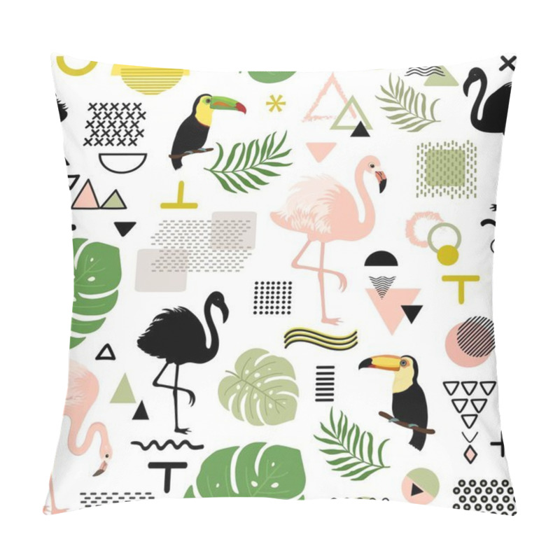 Personality  Seamless Abstract Pattern With Flamingo, Toucan And Tropical Leaves Pillow Covers